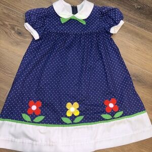 Vintage Fischel Girl's Dress Navy & White Polkadot Floral Peter Pan Collar